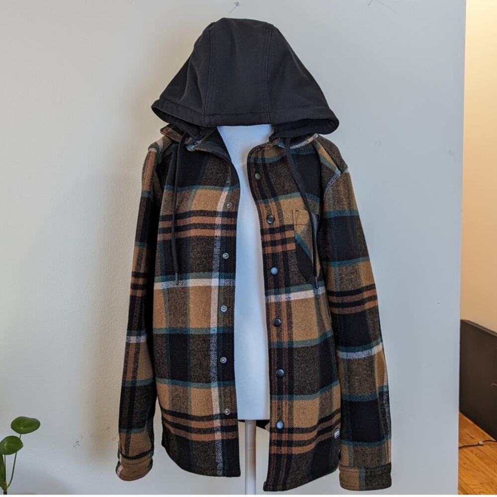 Plaid Shacket Hoodie Black Brown Wool blend Pull & Bear Mens S